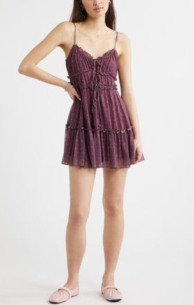 BP. Ruffle Tie Front Tiered Mini Sundress in Burgundy- Pink Kat Dot at Nordstrom, Size Xx-Small