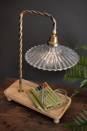 Kalalou Table Lamp With Wooden Tray Base And Glass Shade
