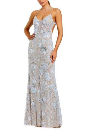 Mac Duggal Floral Embroidered Sleeveless Open Back Gown in Powder Blue at Nordstrom, Size 10