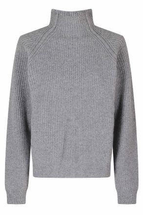 Federica Tosi Light Gray High Neck Ribbed Trim Wool-Blend Turtleneck