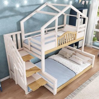 Merax White Single over Double Childrens House Bunk Bed with Storage Stairs