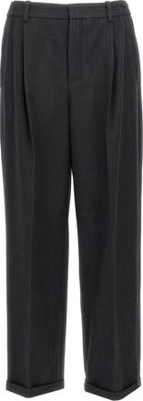 Saint Laurent Gestreepte Flanellen Wollen Broek - Heren - Straight fit broeken - Zwart - XL - Wol - Broeken