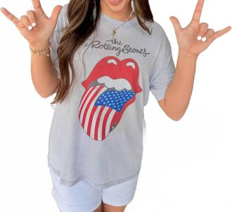 Daydreamer Womens Rolling Stones Flag Tongue Burnout Bf Tee In Grey