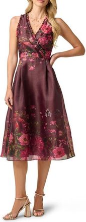 Adrianna Papell Placed Floral Organza Midi Dress in Burgundy Multi at Nordstrom, Size 10