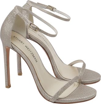 Stuart Weitzman Fabric Ankle Strap Open Toe Sandals in Silver Glitter