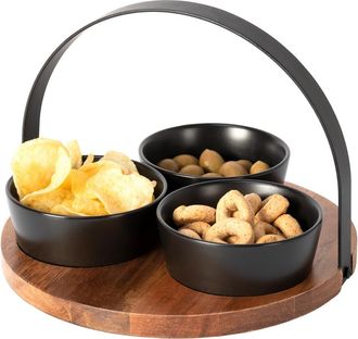 Trade Shop Trade Shop - Antipastiera Base In Legno Con Manico Metallo + 3 Ciotole Vassoio Finger Food