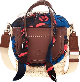 Cuba Lab Raffia and Leather Bag with Silk Floral Accents