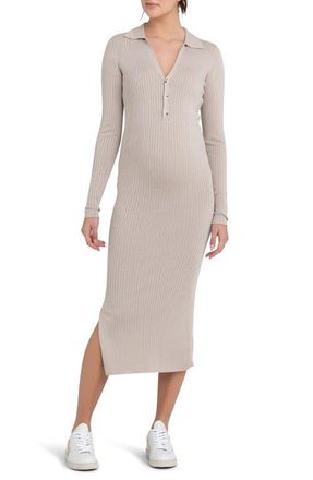 Ripe Sammy Rib Long Sleeve Maternity/Nursing Polo Dress in Stone at Nordstrom, Size X-Small