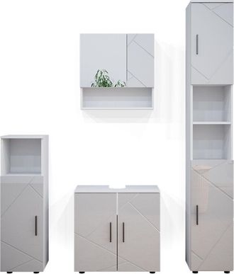 Vicco Conjunto De Muebles De Ba&ntilde;o Irma, Blanco Alto Brillo, 4 Partes, Con Armario Alto