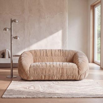 Maisons du monde Sof&aacute; de 2 plazas de tejido de poli&eacute;ster plisado efecto terciopelo beige latte