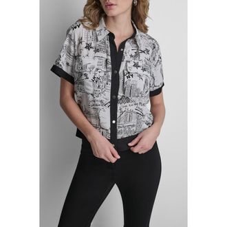 DKNY Print Short Sleeve Button-Up Shirt in New York Toile White at Nordstrom, Size Xx-Small