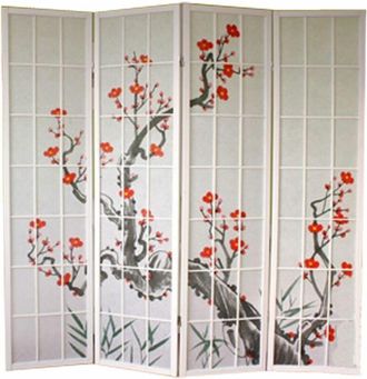 PEGANE Biombo de madera con flor de cerezo blanco de 4 paneles
