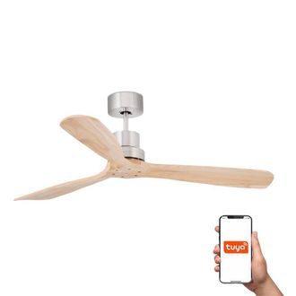 Netlighting Lantau Large 3 Blade Ceiling Fan Satin Nickel Pine Tuya Smart System in Light Tan