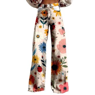 Generic Womens Wide Leg Pant Vintage Floral Print High Waisted Straight Stretch Pants with Pockets Womens Pants Patterns (Beige, XXL)