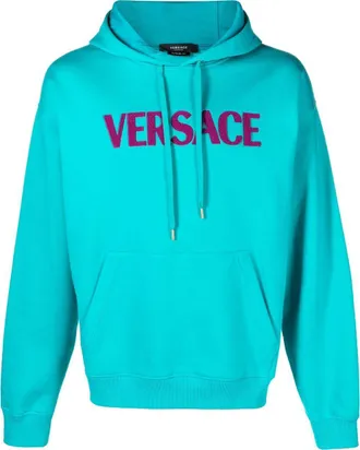 Versace logo-print pullover hoodie - men - Cotton/Cotton/Viscose/Acrylic/Wool - S - Blue