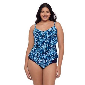 Trimshaper Ronnie 2 Tier Ruffle Tankini Swimsuit Top in Underwater Tie Dye at Nordstrom, Size 14
