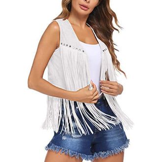 Generic HUIFUAO Country and Western Clothing Women Oversized Fringed Waistcoat Western Shirts Sleeveless Cow Girls Outfits Cardigan 70s Hippie Tank Tops Tasse