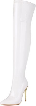 Generic White,5.5 UK,Womens Patent Leather PU Thigh High Boots Pointy Toe Side Zippe Stiletto High Heel Over The Knee Boot Party Club Dress Shoes