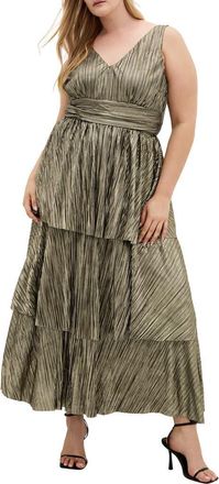 City Chic Metallic Tiered Maxi Dress in Bronze at Nordstrom, Size Xxl