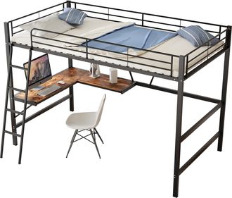 STILVORA Cama Alta 1 Plaza Con Escritorio En L Y Estanter&iacute;a, 90 X 200 Cm, Sin Colch&oacute;n, Metal Negro