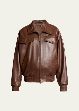 Balenciaga Mens Smooth Leather Oversized Bomber Jacket