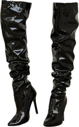 Generic Women Over Knee Patent Leather Boots Pointed Toe Stiletto Heel Side Zipper Casual Long Boot