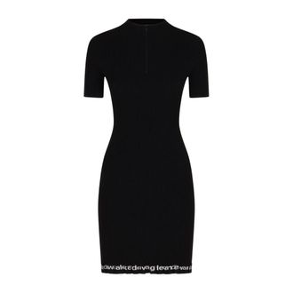 Alexander Wang Kleedjes, Dames, Zwart, M, Leer, Geribbelde Jurk met Korte Mouwen