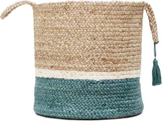 LR Home Teal And Natural Jute Color Block Storage Basket With Handles