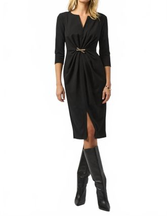 Joseph Ribkoff Ruched Front Slit V-Neck Sheath Dress In Black
