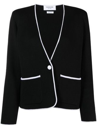 Thom Browne contrasting-trim collarless jacket - women - Virgin Wool/Polyamide - 38 - Black