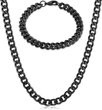 Crucible Jewelry Mens Bracelet and Necklace Black Plated Steel Curb Chain Set