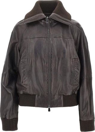 Pinko Pinko - Bluma Leren Bomberjack - Heren - Jassen - Bruin - Maat: XS Wol