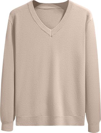 Generic Mens Jumper V Neck Long Sleeve T-Shirt Top Classic Soft Pullover Regular Fit Winter Sweater Casual Solid Color Workwear Sports Sweatshirt Khaki