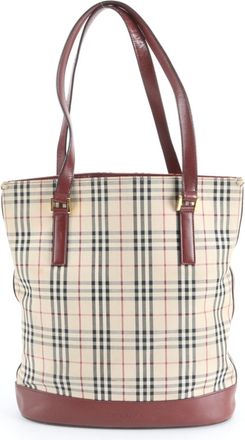 Burberry Beige Wine Leather Canvas Handbag Tote Bag (Pre-Owned)
