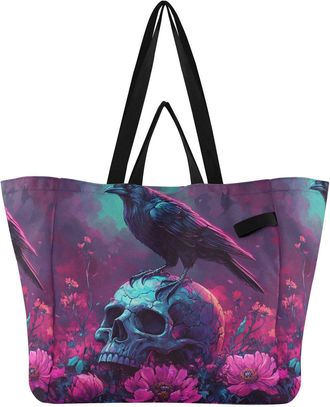Generic Raven Skull Flowers Pink pattern Reusable Canvas Tote Bag, Heavy Duty Grocery Shopping Bag with Hard Bottom Large Capacity Double Handles Work Groceri