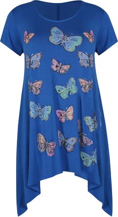 Purple Hanger Womens Butterfly Print Ladies Stretch Uneven Hanky Hem Round Scoop Neckline Bead Glitter Long T-Shirt Top Plus Size Royal Blue 26-28