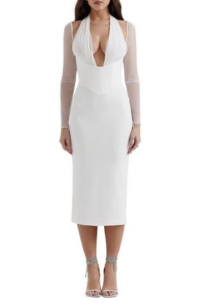House of CB Yasmin Long Sleeve Body-Con Midi Cocktail Dress in White at Nordstrom, Size X-Small