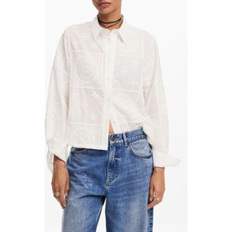 Desigual Sendai Embroidered Cotton Button-Up Shirt in White at Nordstrom, Size X-Large