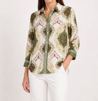 Lyss&eacute; Ishani Roll Tab Printed Shirt In Green Multi