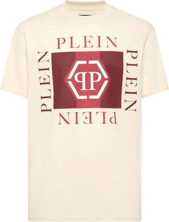 Philipp Plein Tops, Heren, Beige, M, Katoen, Printed Round Neck T-Shirt Hexagon