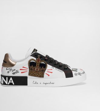 Dolce & Gabbana Portofino Sneakers In Printed Nappa Calfskin With Patch - Man Sneakers White Leather 39.5