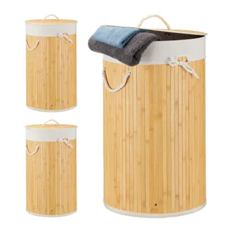 Relaxdays 3 Cestos Ropa Sucia Con Tapa, Redondo, Cubo Colada, Canasta Plegable, Bamb&uacute;, 70 L, &Oslash; 41 Cm, Color Crema