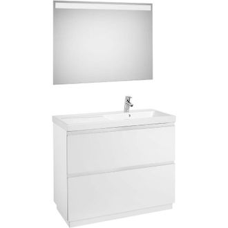 Roca Roca - Pack Mueble Base + Lavabo + Espejo Led Lander Color: Blanco Brillo - Posici&oacute;n Del Lavabo: Derecha