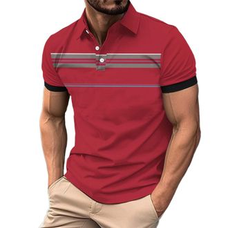 Generic Mens Polo Shirts Striped Golf T-Shirts Short Sleeve Button Down Collar Tops with Stripes Color Block Shirt Summer Tee Polo De Hombre(Red, XL)