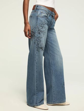 Lucky Brand Womens Embroidered Baggy Wide Leg