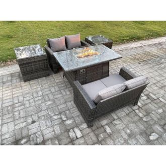 Fimous 4 Seater Rattan Garden Furniture Set Outdoor Lounge Sofa Chair Gas Fire Pit Dining Table Set With Double Seat Sofa 2 Side Tables - Fimous