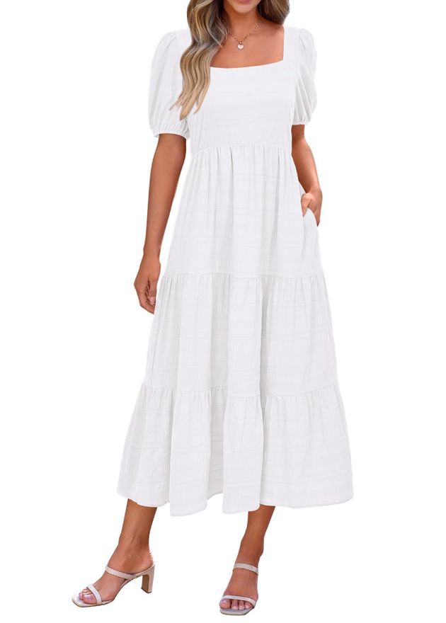 PrettyGarden Womens Summer Dresses 2024 Puff Sleeve Square Neck High Waist Smocked A Line Flowy Loose Fit Midi Dress White S from 58.72 on Stylight