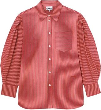 Ganni Oxford Stripe Pleated Sleeve Shirt - female - Ganni - Shirts - Red - XS - Blouses & Shirts