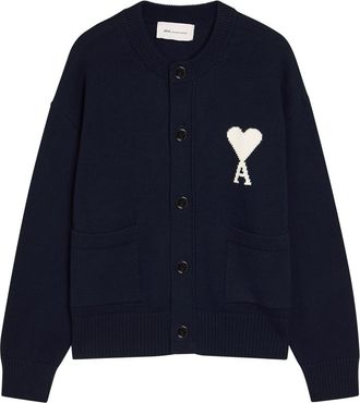 Ami Ami Paris Logo-intarsia Wool-blend Cardigan - Navy - XL