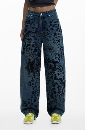 Desigual Abstract Print Barrel Leg Jeans in Dark Blue at Nordstrom, Size 44